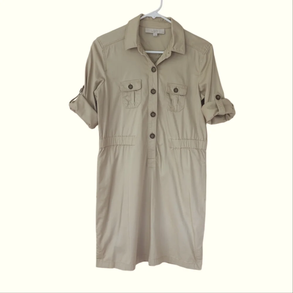 Ann Taylor Loft Khaki Safari Button Tab Sleeve Collared Dress SP Tan Pockets - Picture 1 of 16